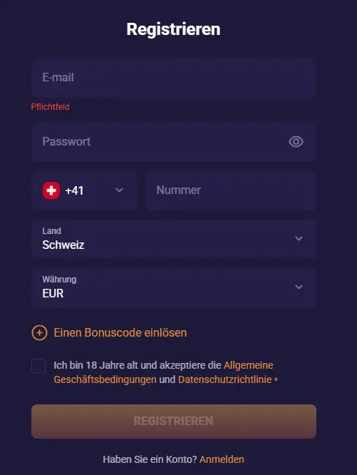Registrierungsformular – Spielerkonto mit E-Mail-Adresse und Passwort erstellen